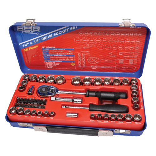 SP Tools Socket Set 888 1/4" & 3/8" Drive 12 Point Metric/SAE 55 Piece T820199