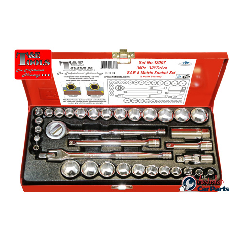 34Pc. 3/8"Dr. 6 Point SAE/Metric Socket Set T&E Tools 12007