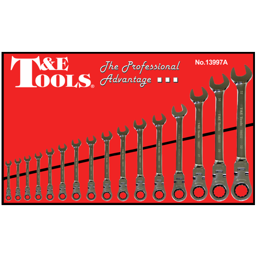 16Pc. Metric Flex-Head Gear Ratchet Wrench Set 10-32mm T&E Tools 13997A