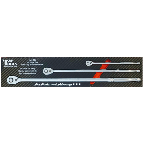 Ratchet Set  3Pc Extra Long Handle Super Fine 3/4 3/8 1/2 Drive T&E Tools TE-21534