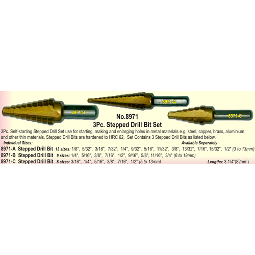 3 Piece Stepped Drill Bit Set T&E Tools 8971