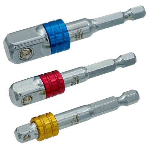  Power Drill Adaptor Set 3Pc. 1/4", 3/8", 1/2"  Square Drive to 1/4" Hex T&E Tools TE-91903
