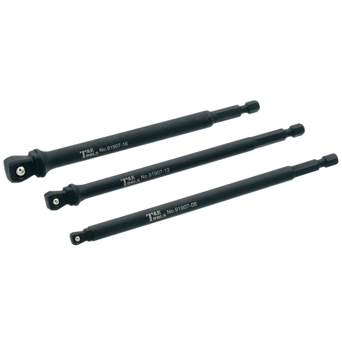 Power Drill Adaptor Set 3Pc. 1/4", 3/8", 1/2" Wobble Square Drive to 1/4" Hex 150mm Long T&E Tools TE-91907